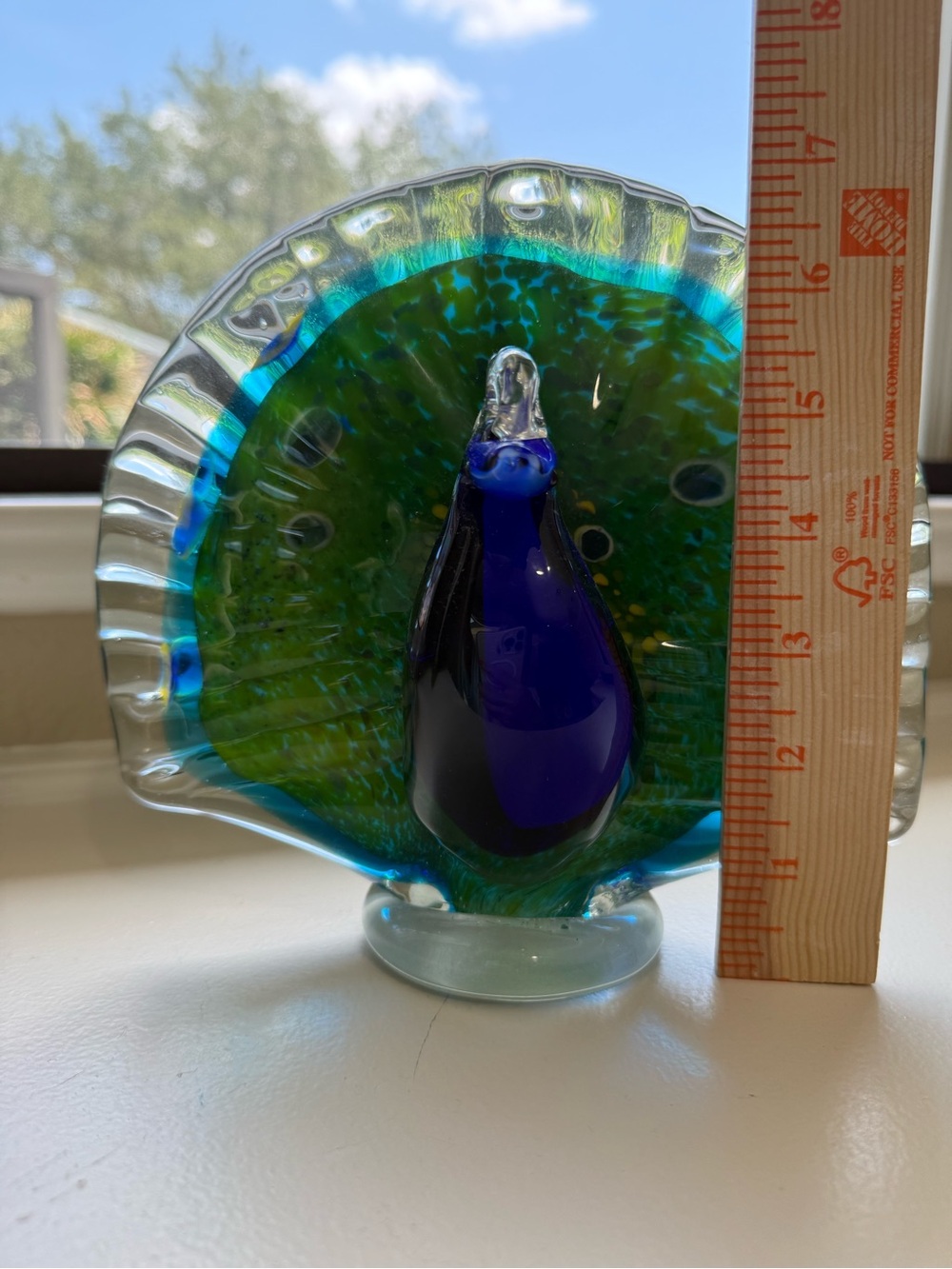 Peacock Art Glass Bird Sculpture - Beautiful Blue & Green Heavy No Flaws - Picture 4 of 8